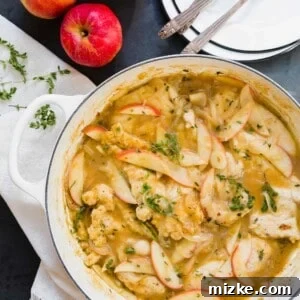 Close up of a serving of Apple Cider Chicken Skillet