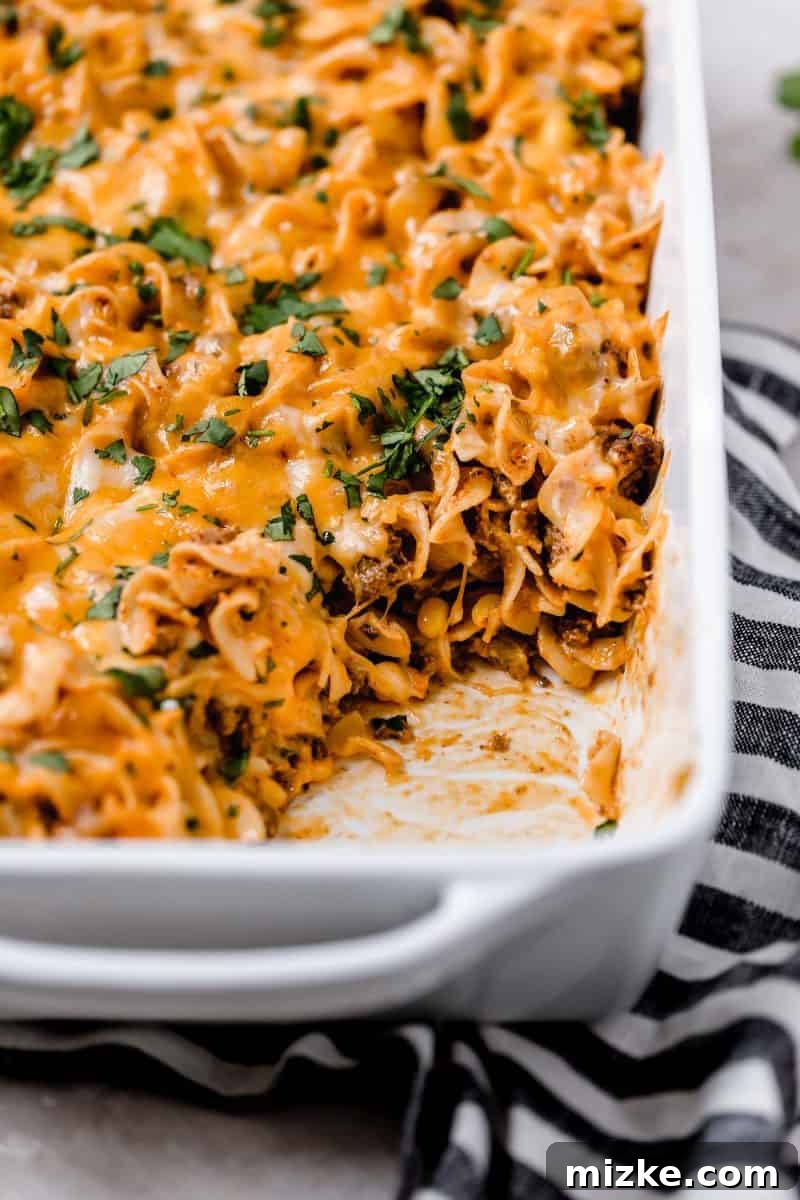 Cheesy Enchilada Pasta Bake 4 Enchilada Pasta Casserole in a serving dish, garnished with fresh cilantro and ready to be enjoyed.