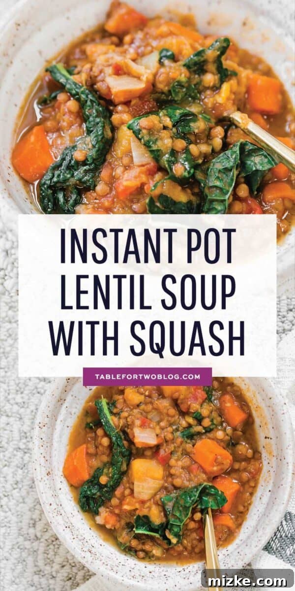 Hearty Instant Pot Lentil and Squash Soup 7 A quick lentil soup made in the Instant Pot and loaded with veggies for a deliciously cozy soup for any time of year! #instantpot #pressurecooker #instantpotrecipes #soupseason #soupson #souprecipe #lentils #lentilrecipe