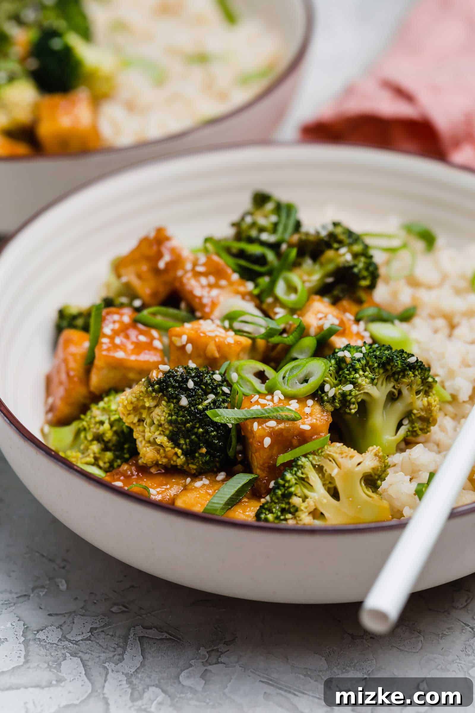 Satisfy your craving for Asian take-out with these teriyaki tofu and broccoli bowls, an easy plant-based dinner for any night of the week! Close up of a teriyaki tofu and broccoli bowl.