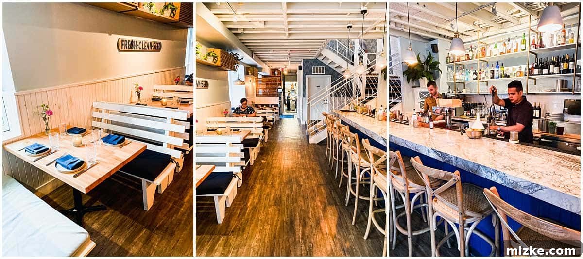 Nina May's DC Rendezvous 3 Interior view of Nina May, showcasing the light, clean, and coastal-inspired dining room decor with ample natural light