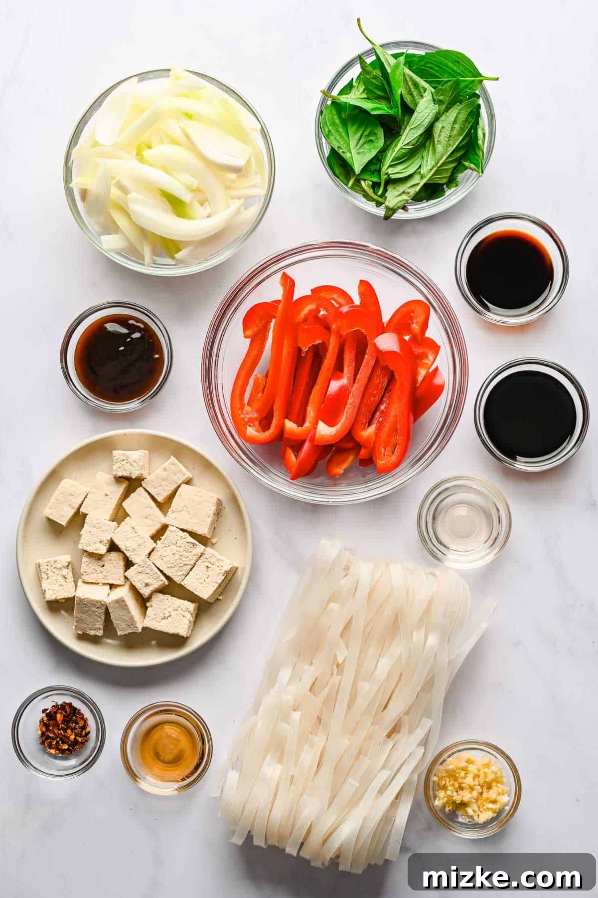 This recipe for drunken noodles with tofu is full of flavor and easy enough for a weeknight. Make your favorite Thai dish right at home! Ingredients for Thai drunken noodles with tofu.