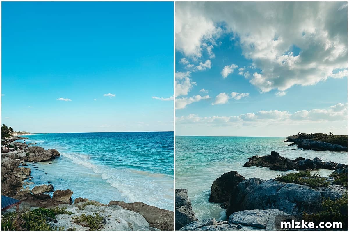 Tulum Vibes with My Tribe 5 A woman relaxing on a sun lounger by the ocean at Mi Amor Tulum, with beautiful rock formations.