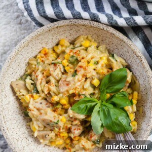 One-Pot Creamy Poblano Corn Orzo in a bowl.