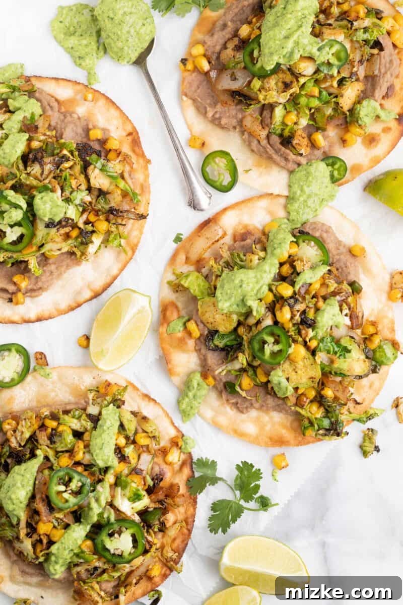Delicious Brussels Sprouts Tostadas garnished with fresh ingredients