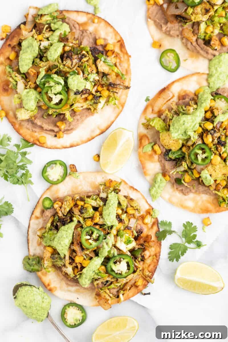 Assembled Brussels Sprouts Tostada ready to be eaten