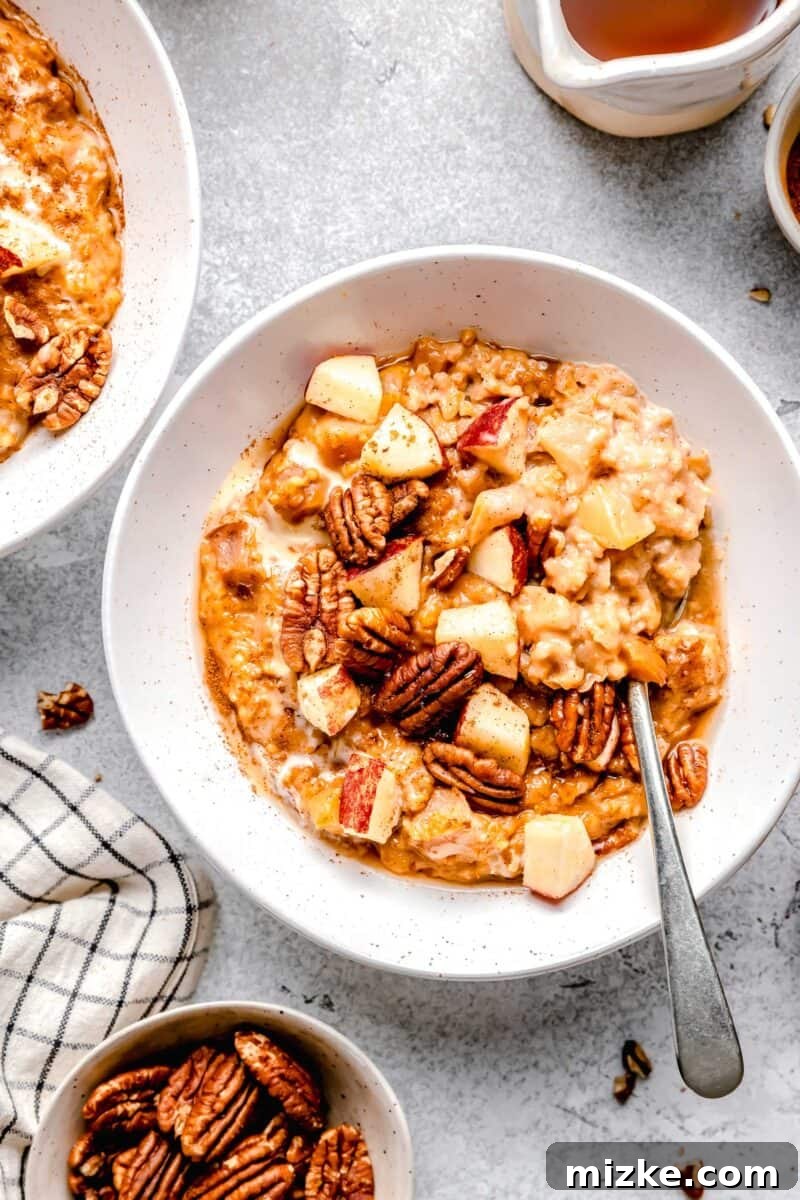 Overnight Apple Cinnamon Slow Cooker Oats 2 apple cinnamon oats in white bowl with spoon, ready to eat