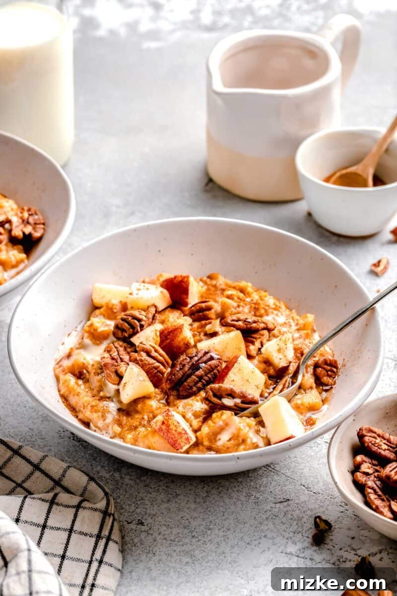 Overnight Apple Cinnamon Slow Cooker Oats 4 apple cinnamon oats with cubed apples and pecans in a white bowl and spoon, close up
