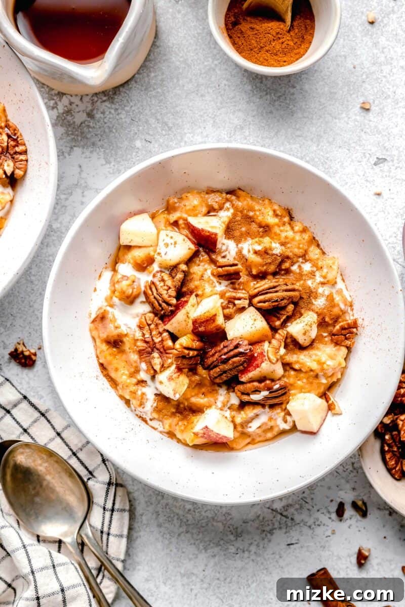 Overnight Apple Cinnamon Slow Cooker Oats 5 a closer overhead shot of white bowl with apple cinnamon oats and toppings (pecans and fresh apples) for a rich visual