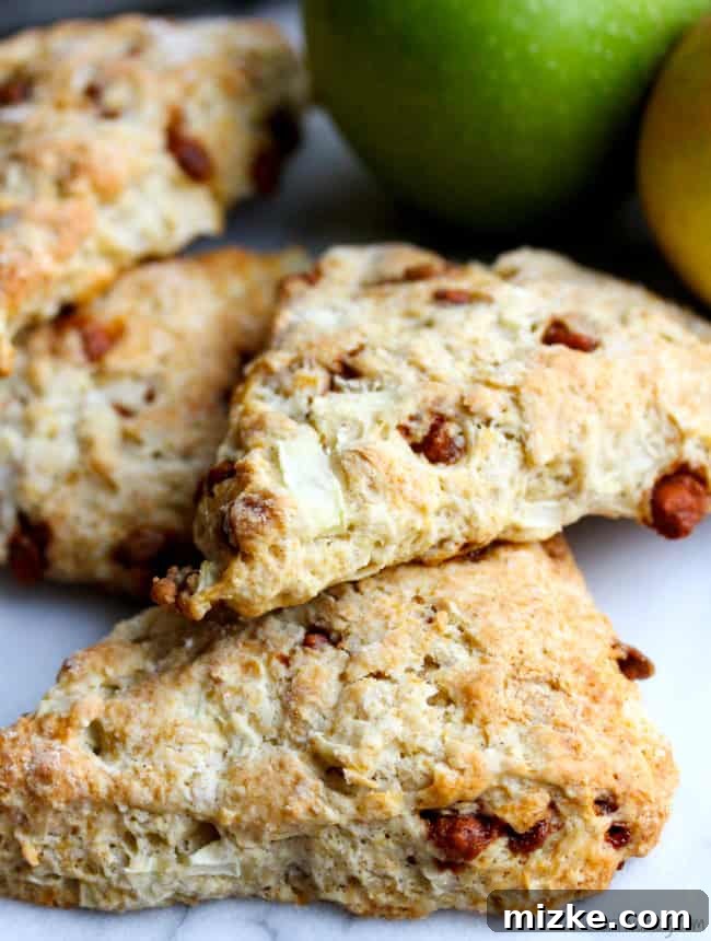 Warm Apple Cinnamon Scones 3 Close-up of golden-brown apple cinnamon scones on a baking sheet, ready to be served