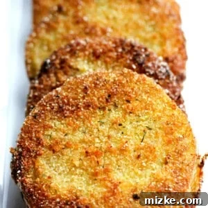 A close-up shot of a plate of perfectly fried green tomatoes, garnished and ready to serve.