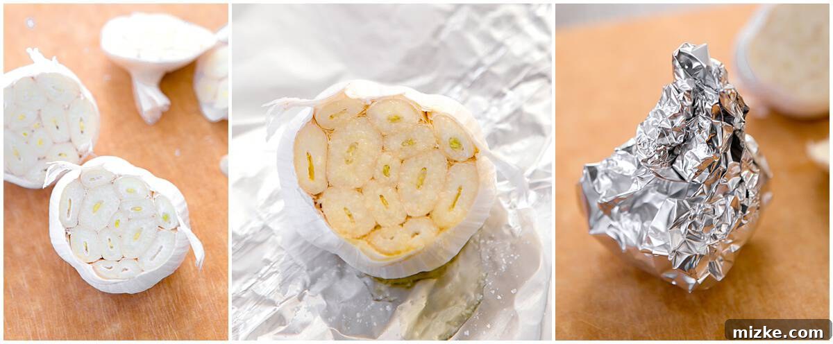 Unlock the Flavor of Roasted Garlic 5 A series of images demonstrating the steps: garlic before cutting, after cutting and oiling, wrapped in foil, and finally, the soft roasted cloves being squeezed out.