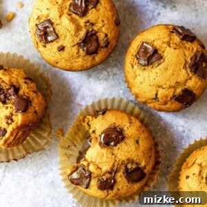 Overhead view of pumpkin chocolate chunk muffins on a countertop, ready to be enjoyed.