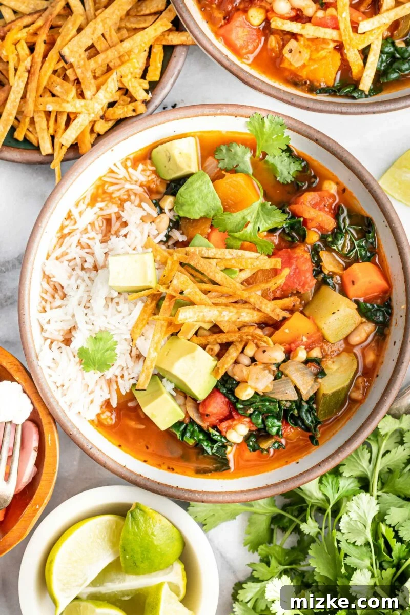 Zesty Mexican Veggie Bean Tortilla Soup 2 Freshly made tortilla strips, avocado and cilantro garnish a full bowl of Mexican vegetable and bean tortilla soup.