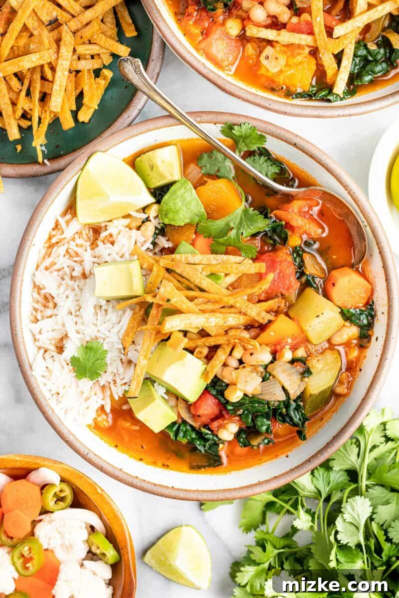Zesty Mexican Veggie Bean Tortilla Soup 6 A spoon is sitting on the side of a bowl of Mexican vegetable and bean tortilla soup.