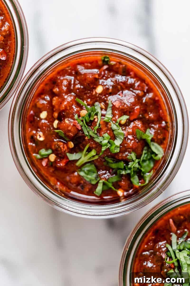 Great-Grandma's Heirloom Pasta Sauce 7 A serving of pasta with Great Grandma's Pasta Sauce, garnished with fresh basil, on a dark plate, inviting you to taste.