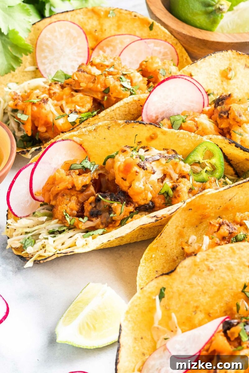 Two vibrant cauliflower tacos, garnished with fresh slices of radishes and jalapeños, are artfully presented on a white plate, highlighting their appetizing appeal.