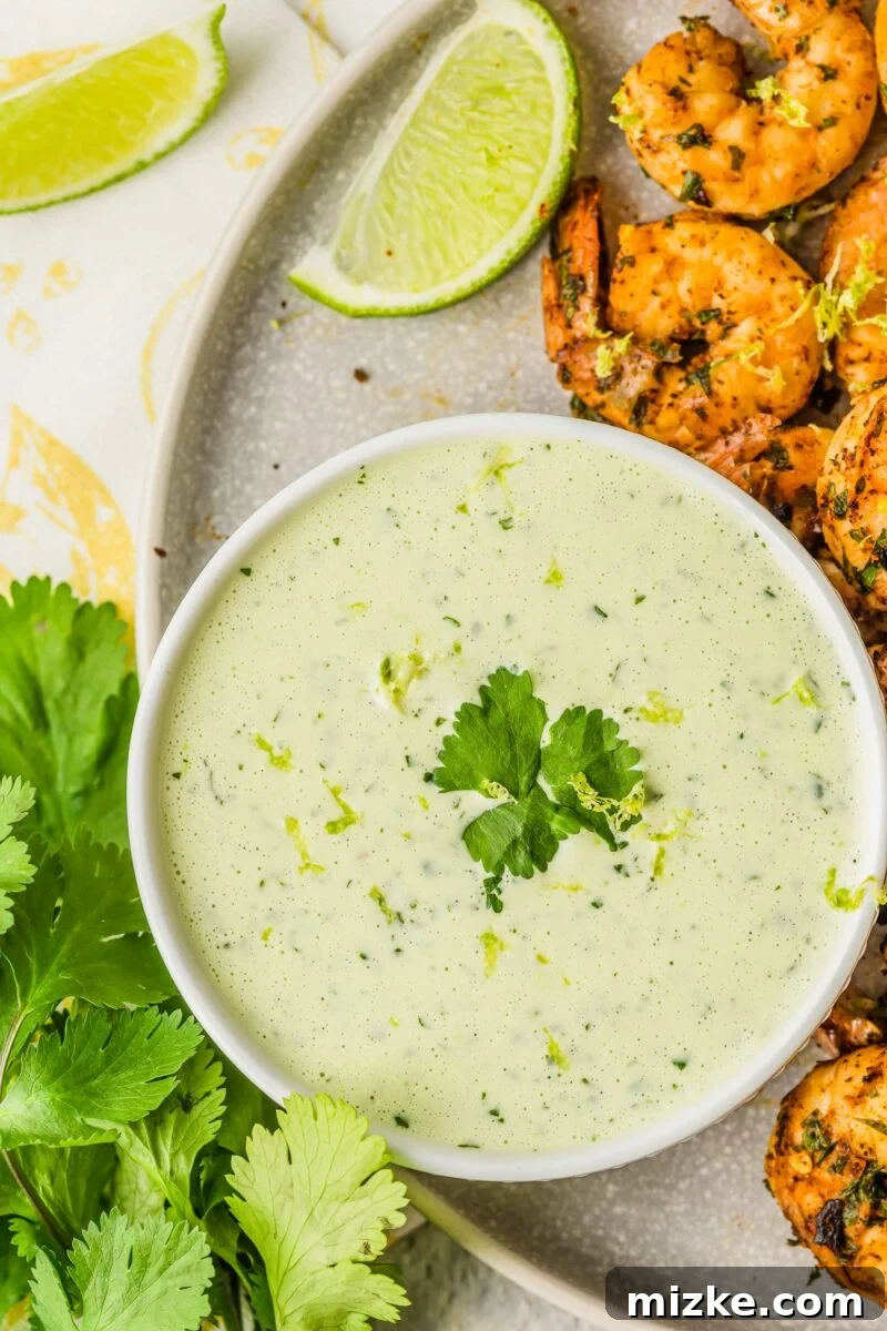 Zesty Cilantro Lime Cream Kick 3 Grilled shrimp are placed next to a bowl of creamy cilantro lime dressing, ready for dipping.