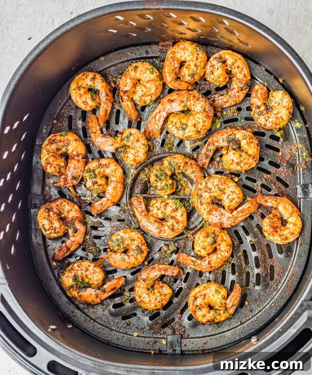 Raw, seasoned shrimp are neatly arranged in a single layer on the bottom of an air fryer basket, perfectly spaced for optimal air circulation and cooking.