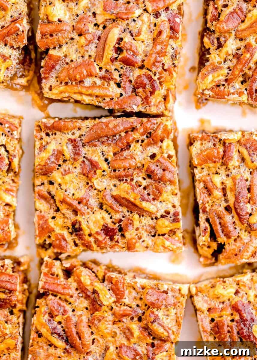 Golden Pecan Pie Squares 3 An intimate overhead photo showcasing a single, perfectly cut pecan pie square bar, highlighting the intricate texture of the pecans and the glistening, amber filling atop the golden shortbread crust.