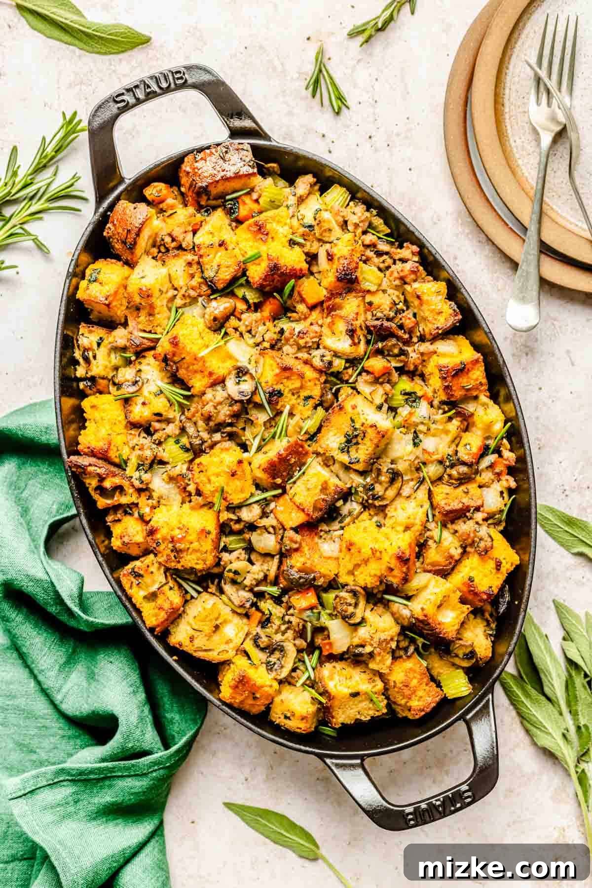 A large black cast iron baking dish filled with golden-brown cornbread and sausage stuffing, garnished with fresh sage and rosemary, next to stacked white plates.