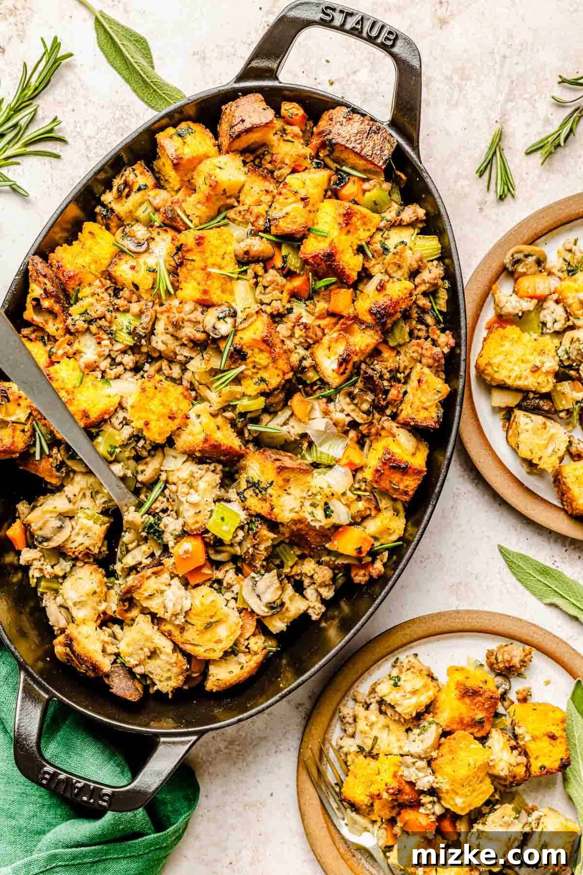 A large black cast iron baking dish filled with cornbread and sausage stuffing, alongside individual plated servings of the stuffing, garnished with fresh herbs.
