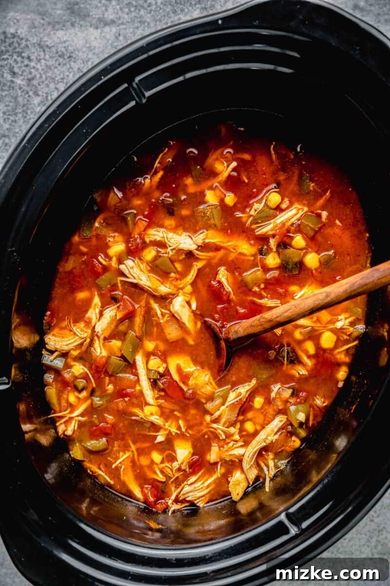 Easy Slow Cooker Chicken Tortilla Soup 5 wooden spoon in the insert of the slow cooker in the center of the cooked soup