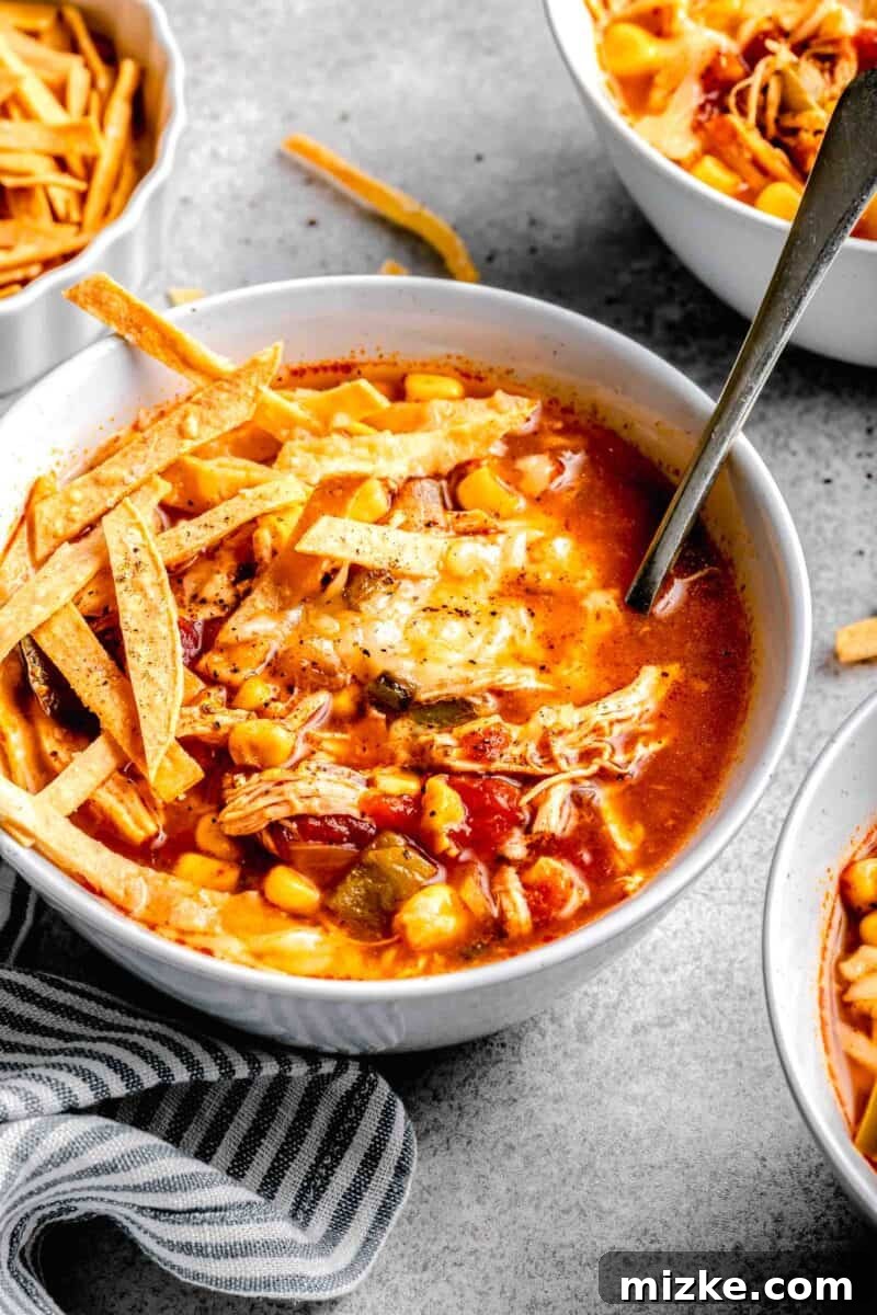 Easy Slow Cooker Chicken Tortilla Soup 6 melted cheese and tortilla strips on top of a chicken tortilla soup in a white bowl with a spoon