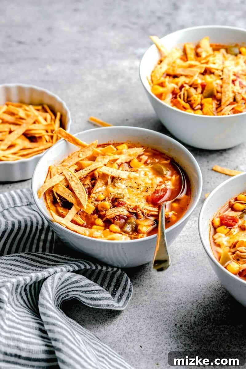 Easy Slow Cooker Chicken Tortilla Soup 7 a bowl of slow cooker chicken tortilla soup with a spoon in the bowl next to several other filled bowls