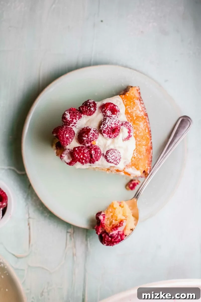 Sun-Kissed Raspberry Olive Oil Cake 5 A close-up shot of a Raspberry Olive Oil Cake, with a spoon having just removed a perfect bite, revealing its soft, moist crumb and berry distribution.