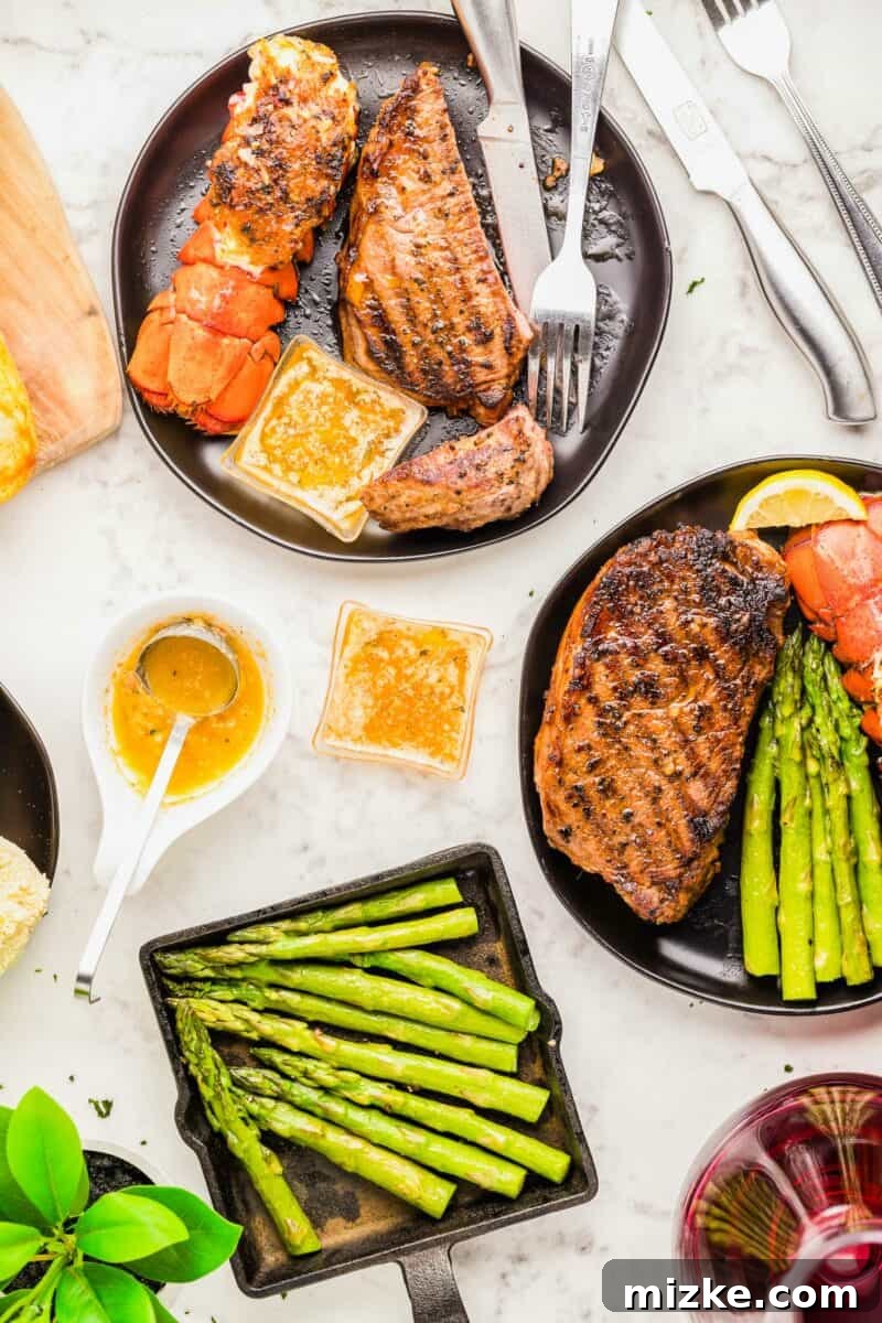 The Best of Both Worlds 2 Asparagus is plated next to two plates of surf and turf.