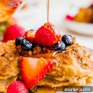Close-up of the French toast casserole, highlighting the streusel topping.