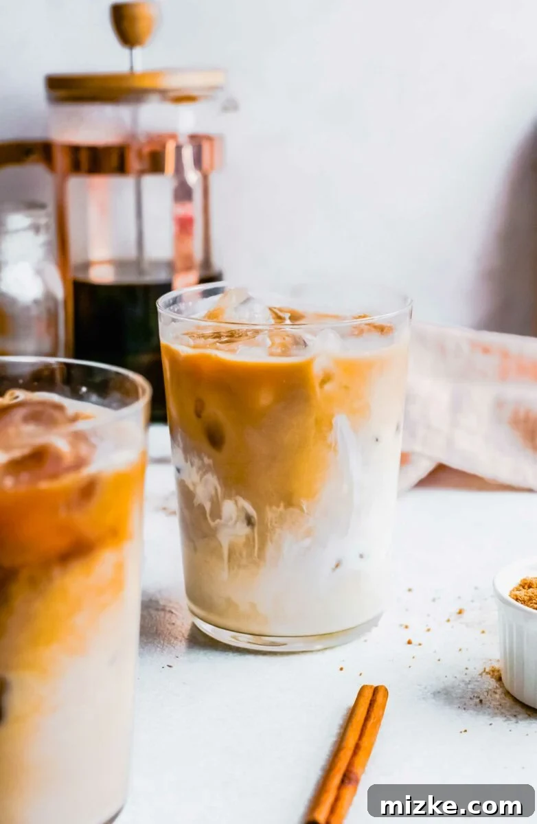 Skip the line and make an Iced Brown Sugar Oatmilk Shaken Espresso at home! This easy Starbucks copycat recipe is plant-based & delicious. Two perfectly prepared Iced Brown Sugar Oatmilk Shaken Espressos in glasses, with a whole cinnamon stick artfully placed beside them, highlighting the spiced sweetness.