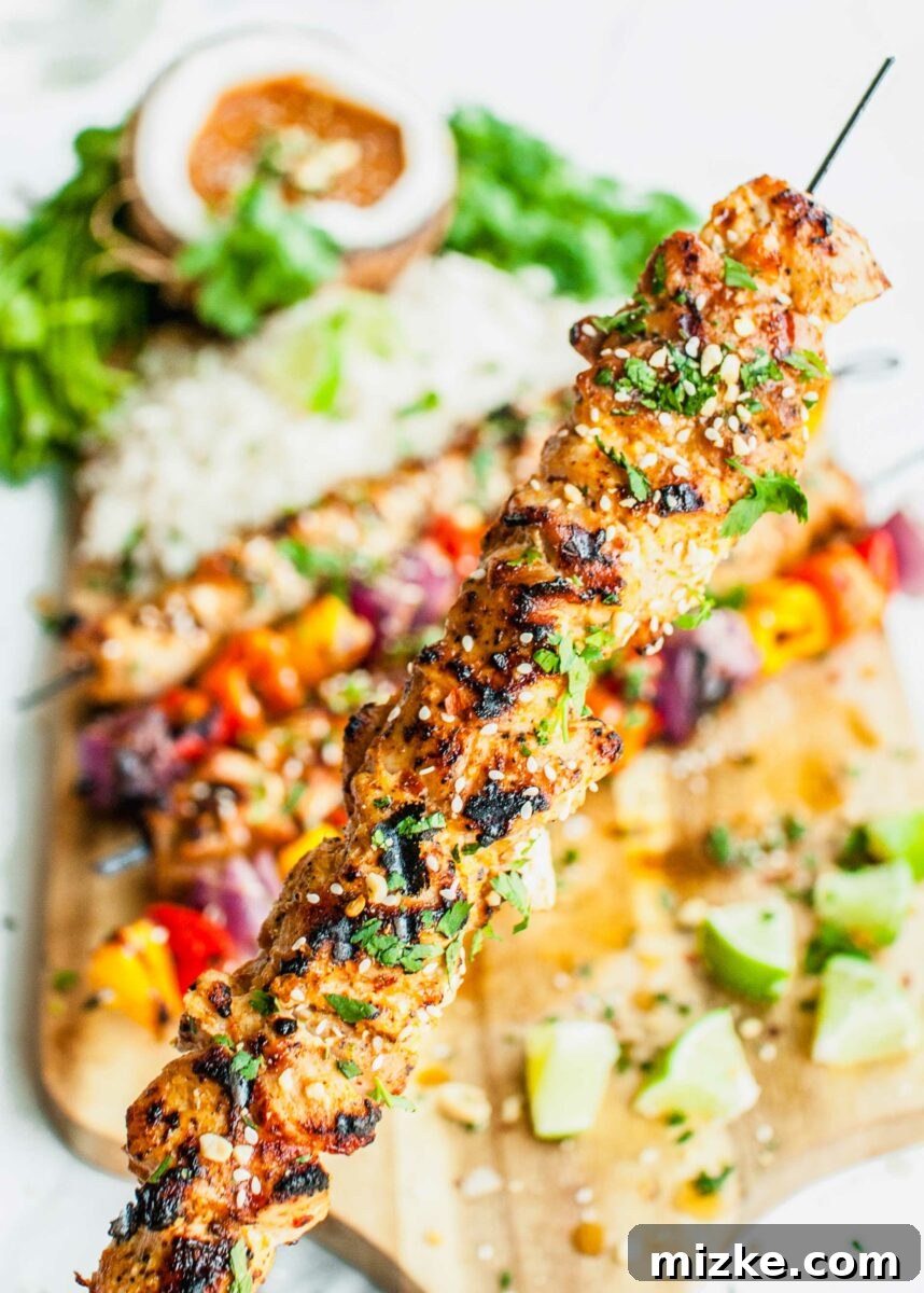 Tropical Coconut Chicken Satay 5 A perfectly grilled chicken skewer is held aloft above a platter of additional skewers, showcasing its golden-brown char.