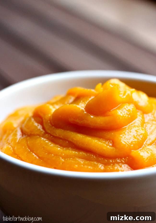 Creamy butternut squash puree in a rustic white bowl, garnished with fresh herbs, ready to be served or used in other recipes.