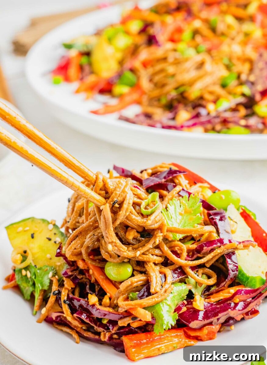 Velvety Peanut Soba Salad 6 Wooden chopsticks are twirling a bite of soba noodles.