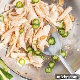 Refreshing Chicken & Veggie Rolls 5 serrano peppers, shredded chicken, and browned garlic slices in a metal skillet with a metal spoon