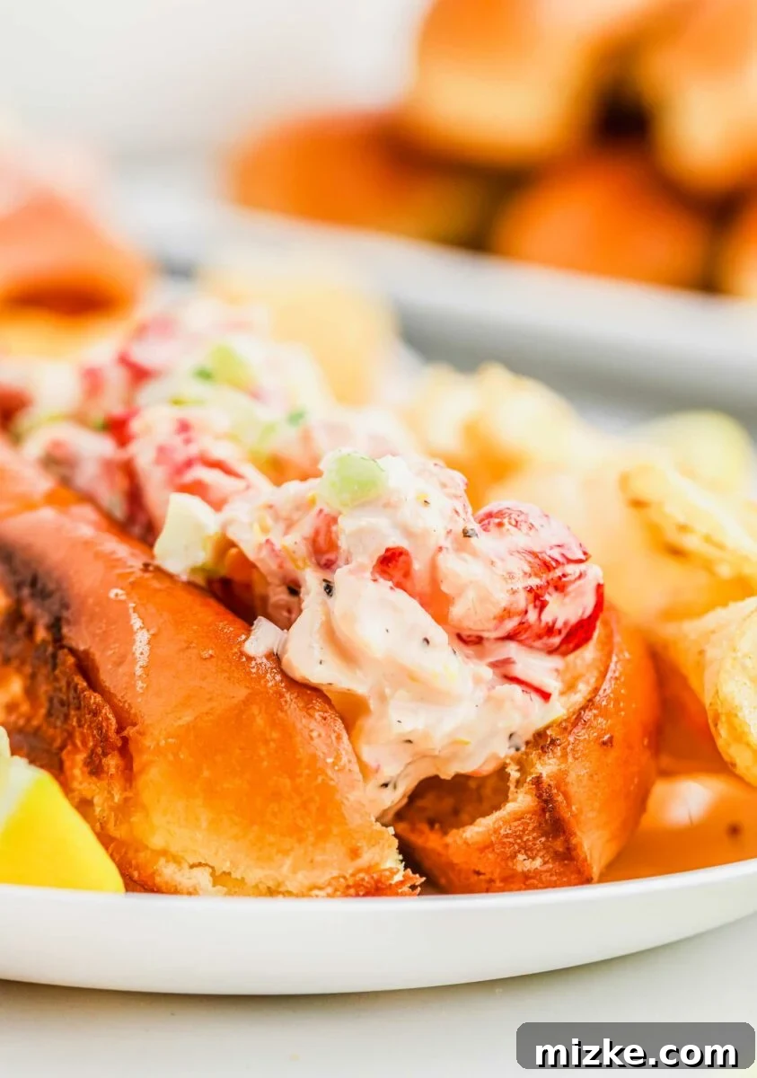 Heavenly Lobster Rolls 2 A generously filled brioche hot dog bun with fresh lobster and mayonnaise mixture, ready to be enjoyed.