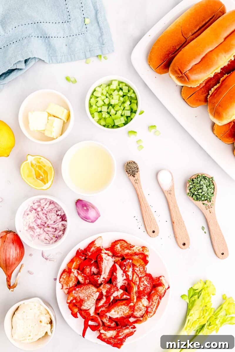 Heavenly Lobster Rolls 3 Overhead image showcasing fresh lobster roll ingredients: cooked lobster meat, mayonnaise, minced celery, sliced scallions, fresh lemon, minced chives, salt, pepper, and salted butter. Split-top brioche buns are ready on a white plate.