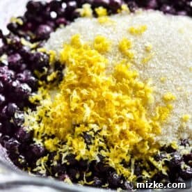 A close-up shot of vibrant wild blueberries, fresh lemon zest, granulated sugar, and cornstarch being tossed together in a clear mixing bowl for the pie filling.