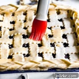 A red silicone pastry brush applying a glistening egg wash to the top of the lattice pie crust, enhancing its golden potential before baking.