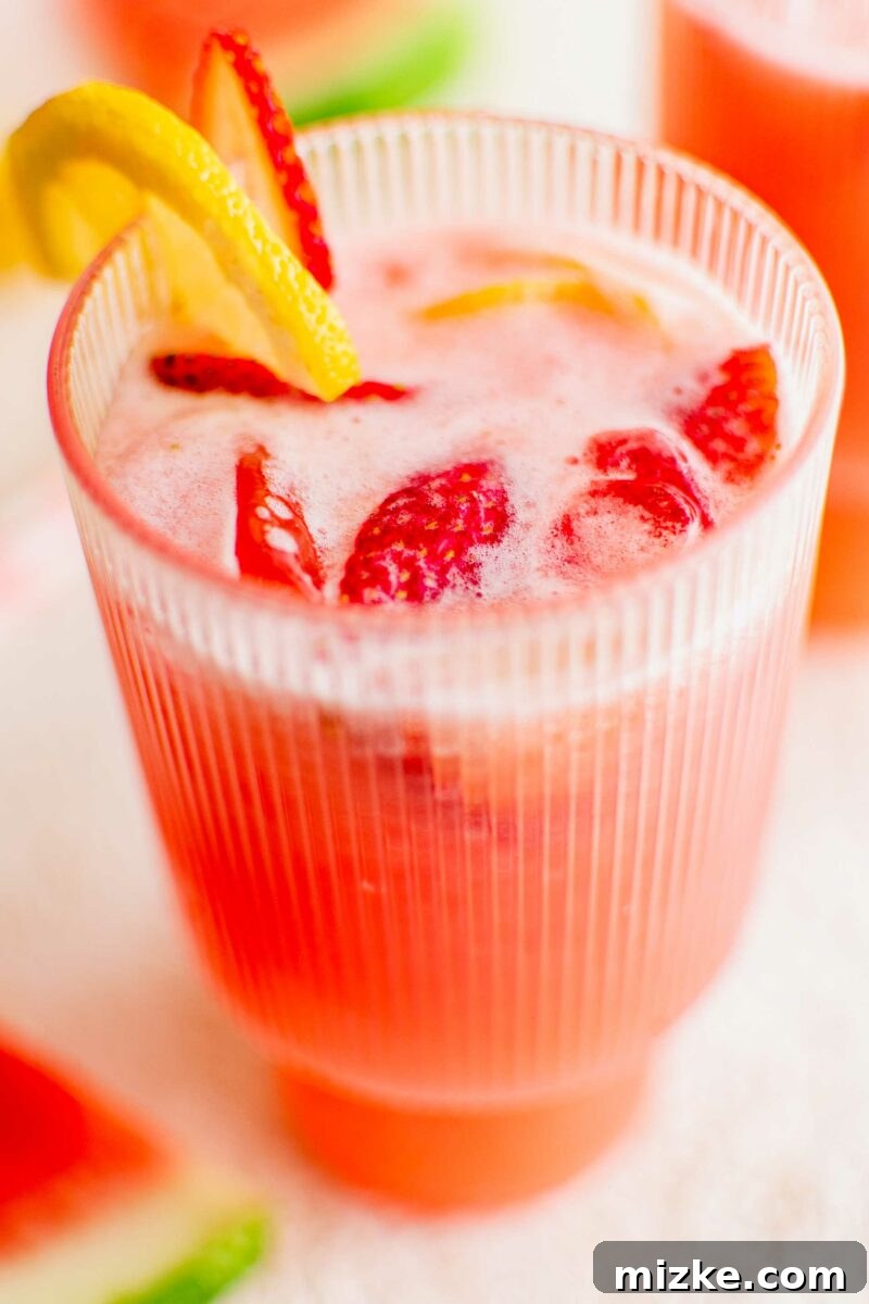 Zesty Summer Sips 4 A selection of fresh ingredients for summer lemonade, including strawberries, watermelon chunks, and whole lemons, laid out on a surface.