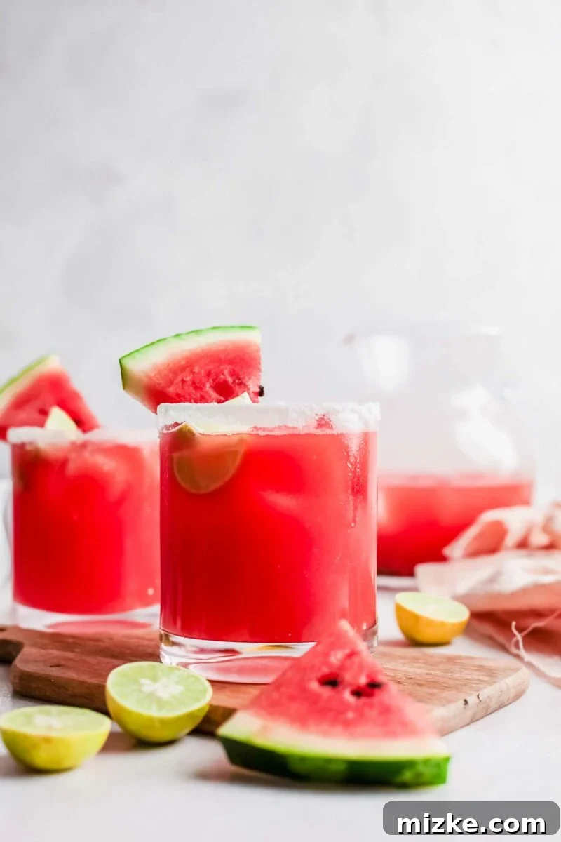 Vibrant Watermelon Paloma 2 Vibrant pink watermelon Palomas are placed on a wooden surface.