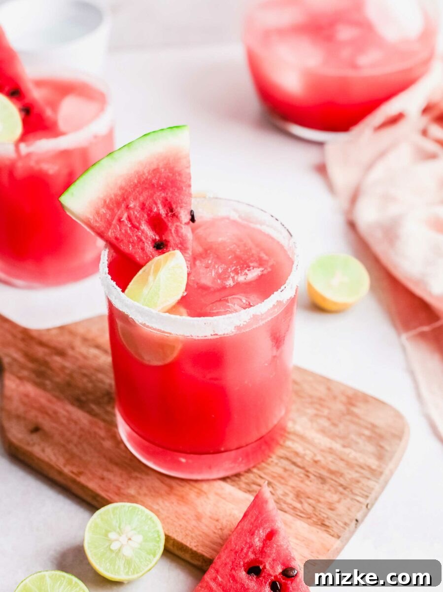 Vibrant Watermelon Paloma 3 A paloma is garnished with a salt rim, lime slice, and small slice of watermelon.
