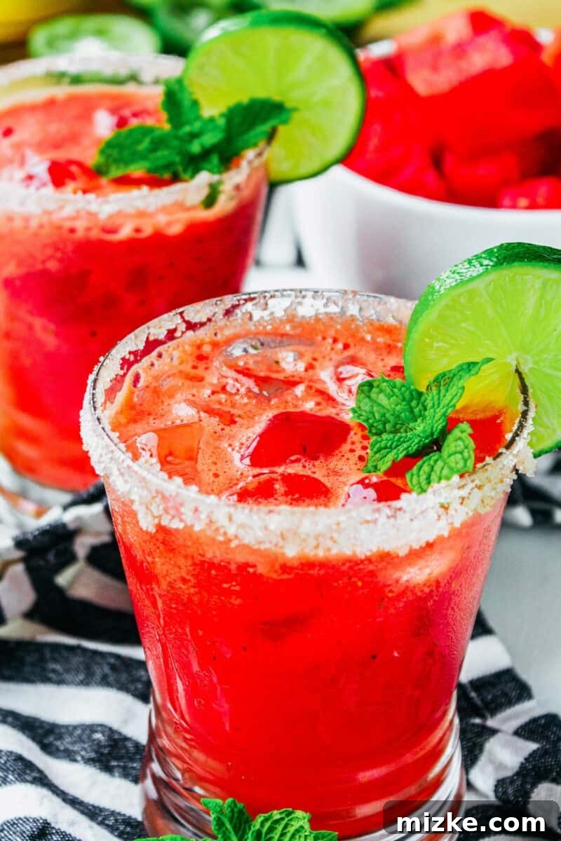 Watermelon Mint Tequila Splash 2 A glass of margarita is rimmed with salt.
