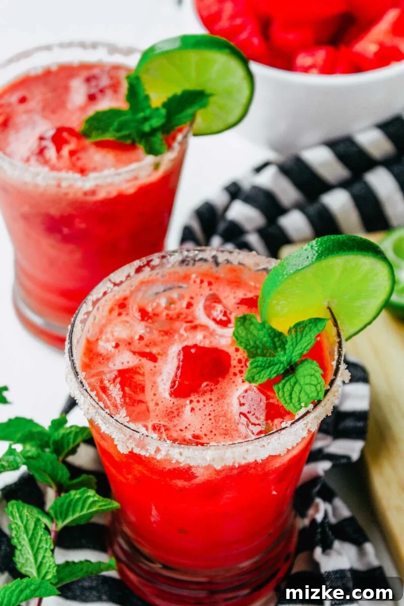 Watermelon Mint Tequila Splash 3 A margarita in a glass is garnished with a slice of lime and a sprig of mint.