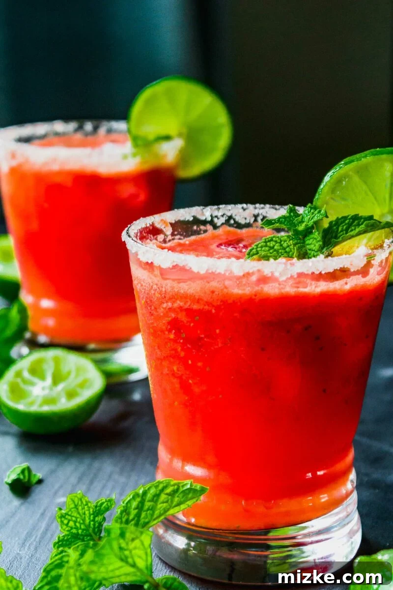 Watermelon Mint Tequila Splash 5 Mint leaves and limes are placed around two cups on a dark surface.