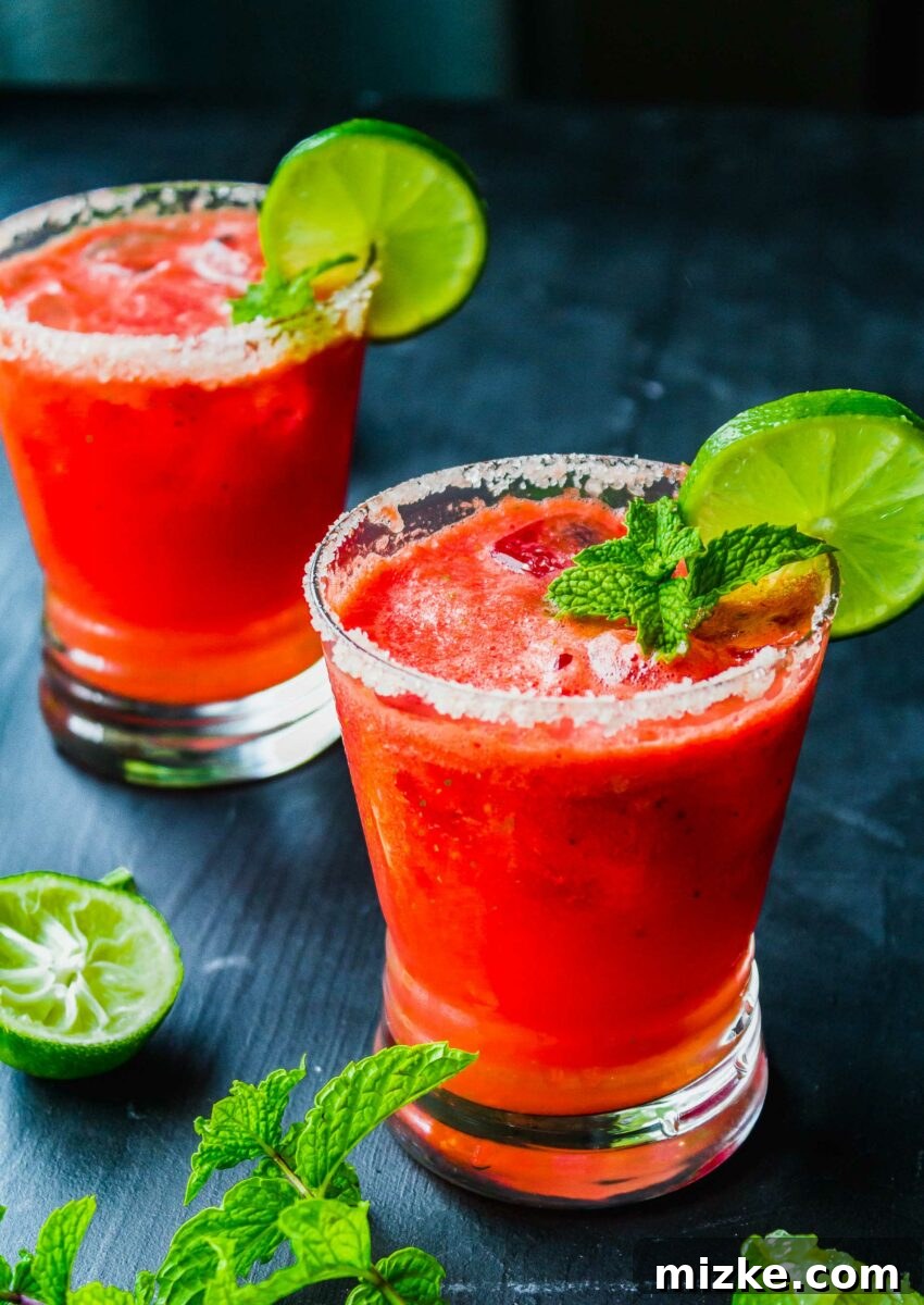 Watermelon Mint Tequila Splash 6 Two full glasses are placed on a dark black surface.