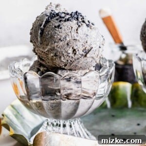 Two scoops of black sesame ice cream are in a small glass bowl.