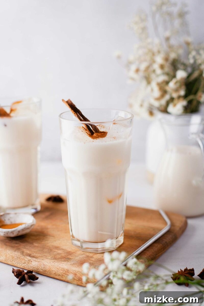 Whip Up Homemade Horchata Easily 4 Two beautiful glasses of Horchata, elegantly garnished, are placed on a rustic wooden board.